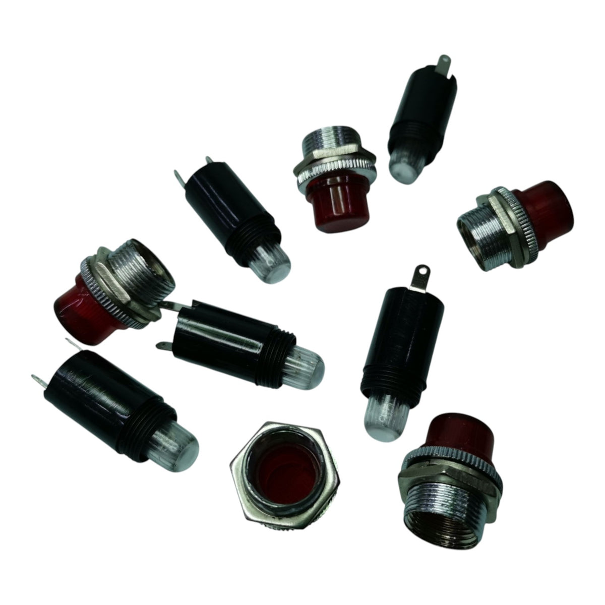 A set of small red LED indicator lights in various cylindrical and hexagonal metal sockets, shown on a plain white background.