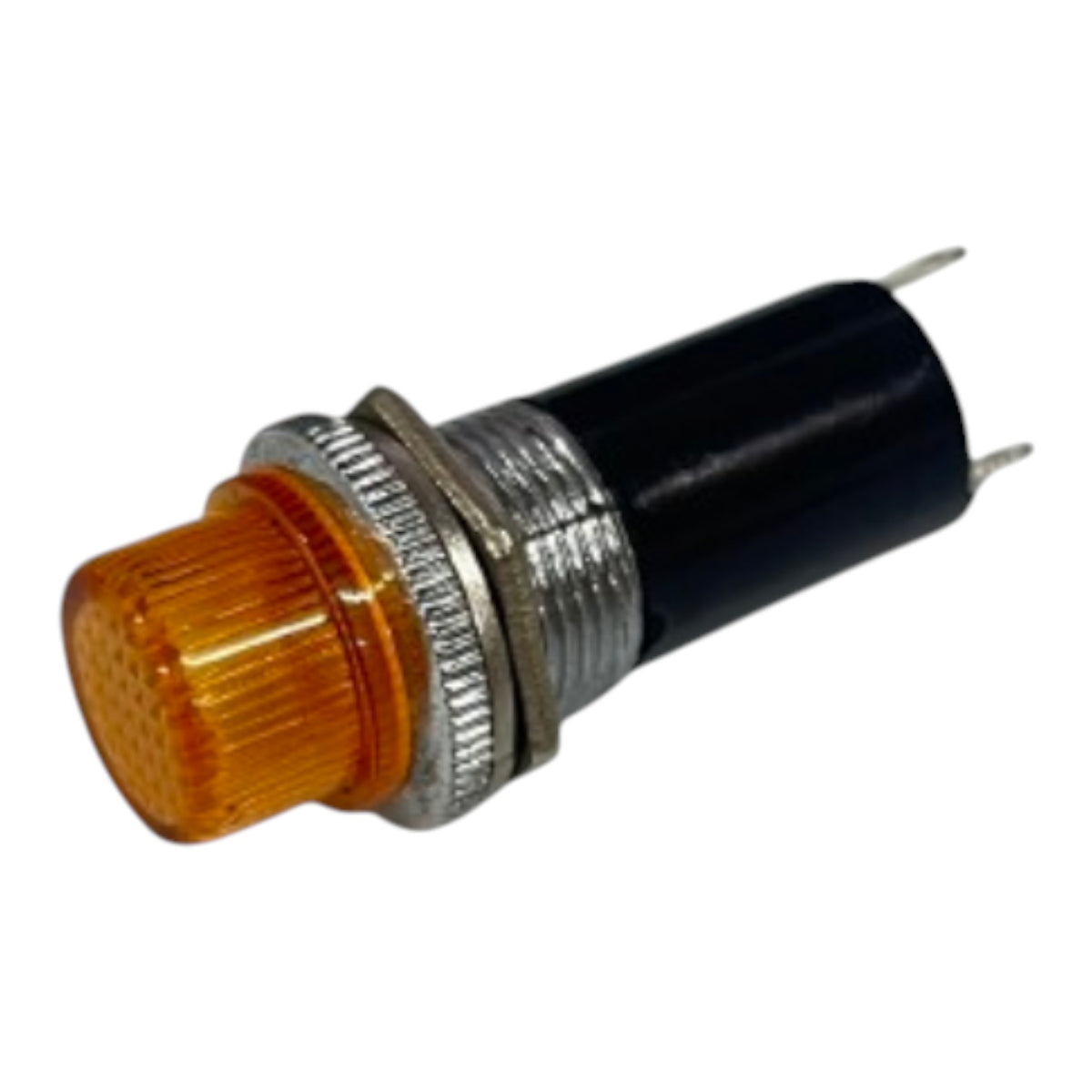 An industrial indicator light socket with a ribbed amber orange lens, a silver metal threaded collar, and a black plastic body with two metal pins extending from the side, shown on a plain white background.