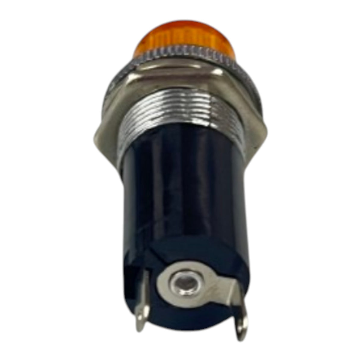 An industrial push-button indicator light with a black cylindrical body, a silver metal threaded collar and base, and an amber/orange lens on top, shown against a plain white background.