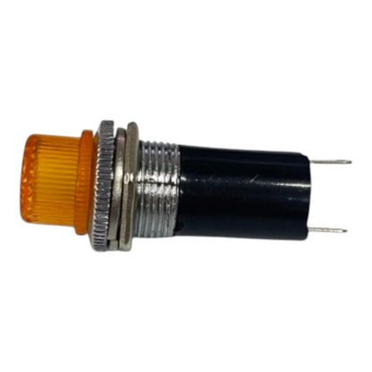 An industrial indicator light socket with a black plastic body, silver metal threads, a silver ring, and an amber orange ribbed lens cover, shown against a plain white background.