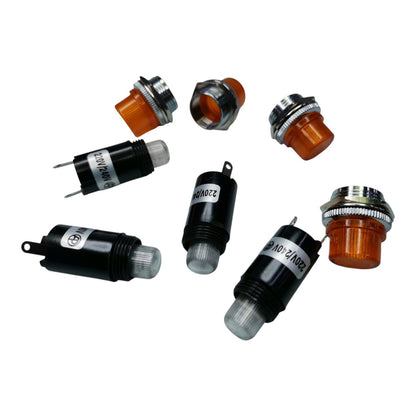 Seven small cylindrical electrical components with black bodies, clear plastic ends, and orange translucent housings, arranged on a plain white background.