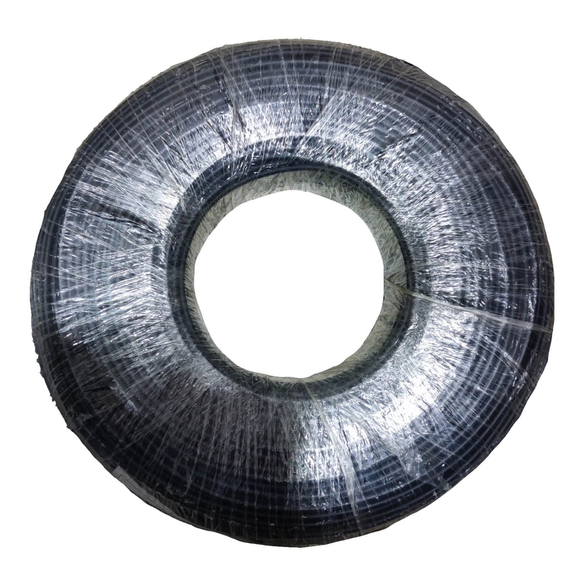A large roll of dark gray or black textured material, wrapped in clear plastic, shown against a plain white background.