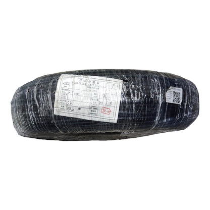 A large roll of black mesh or fabric material wrapped in clear plastic, with a white printed label on the front, isolated on a white background.