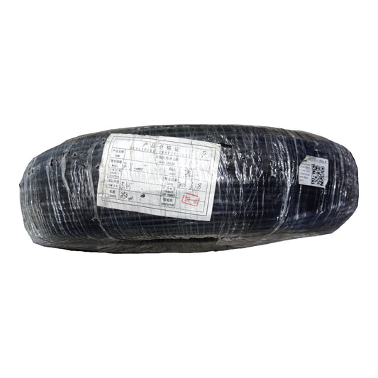 A large roll of black mesh or fabric material wrapped in clear plastic, with a white printed label on the front, isolated on a white background.