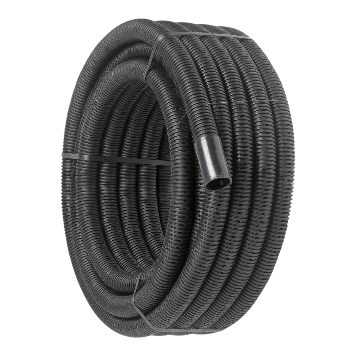 A coiled black corrugated plastic hose or tubing secured with a black strap, shown on a plain white background.