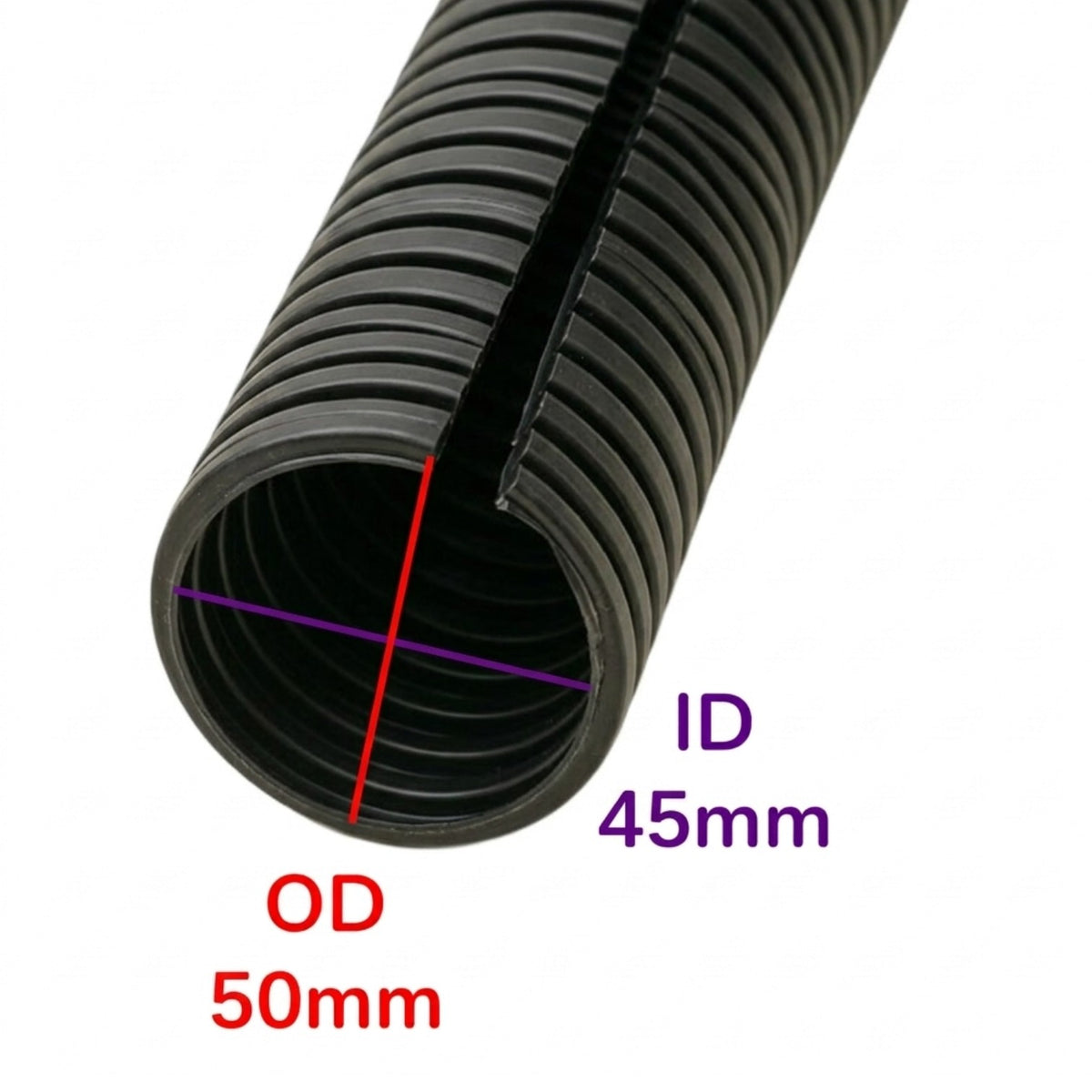 Black corrugated cable protective conduit shown on a white background with overlaid dimension labels reading OD 50mm, ID 45mm, and a red crosshatch line indicating diameter.