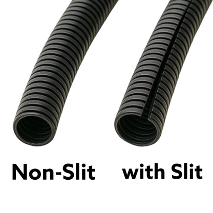 Two black corrugated protective cables shown on a white background, labeled 'Non-Slit' and 'with Slit' to demonstrate the slit feature.