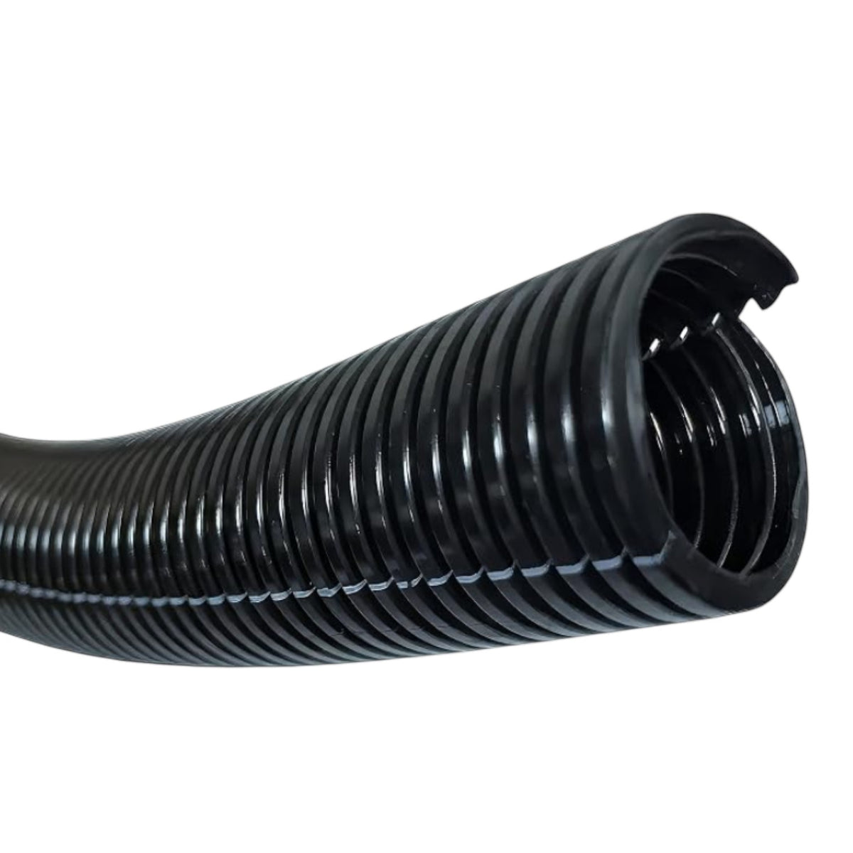 A close-up of a black corrugated plastic cable protective tube or ductile iron pipe with a slotted open end, shown against a plain white background.