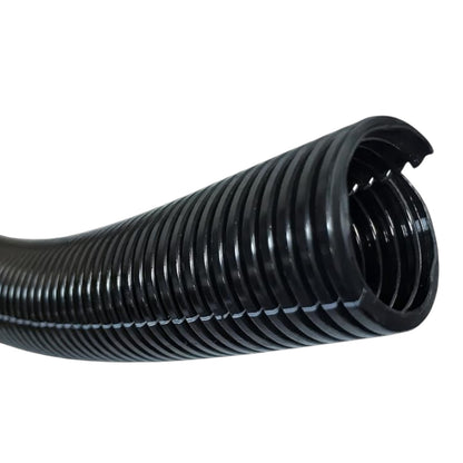 A close-up of a black corrugated plastic cable protective tube or ductile iron pipe with a slotted open end, shown against a plain white background.
