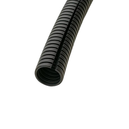 A close-up of a black corrugated plastic cable protective conduit tube on a solid white background.