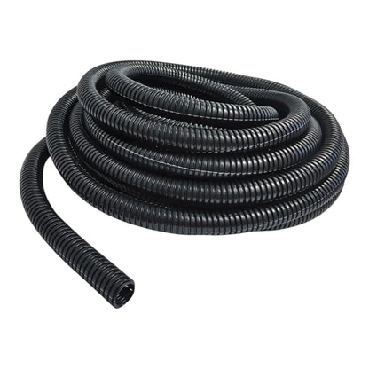 A coiled black corrugated electrical cable protective tube on a solid white background.