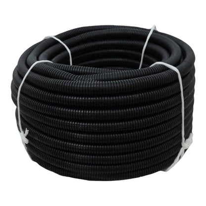 A coiled black corrugated electrical cable protective tube or conduit, secured with white ties, shown against a plain white background.
