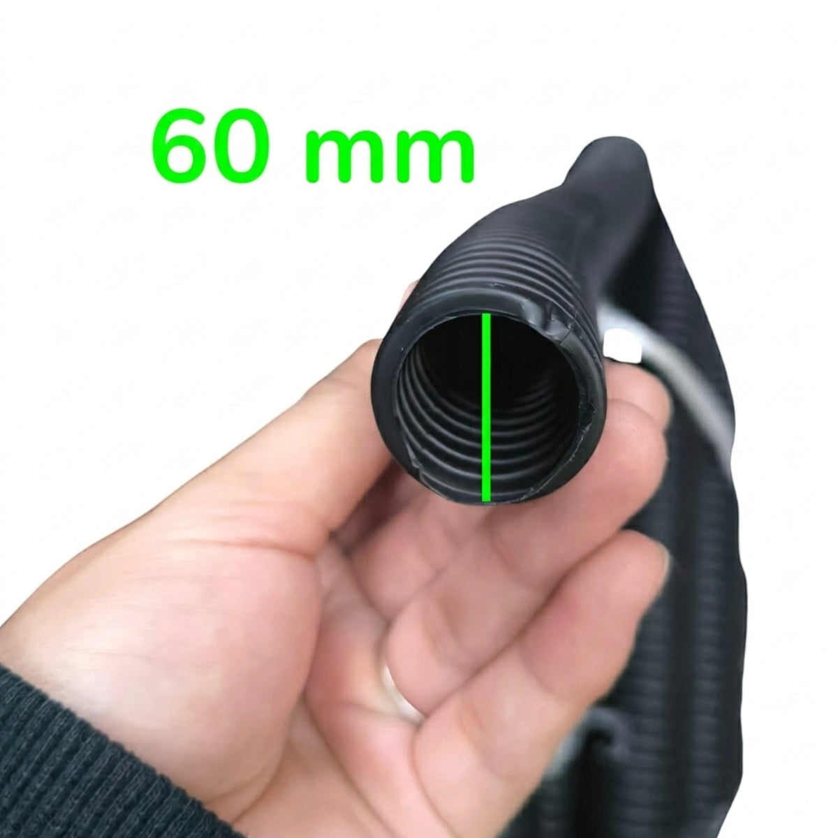 A hand holding a black corrugated hose to show its threaded end, with green text reading '60 mm' and a vertical green measurement line indicating the diameter.