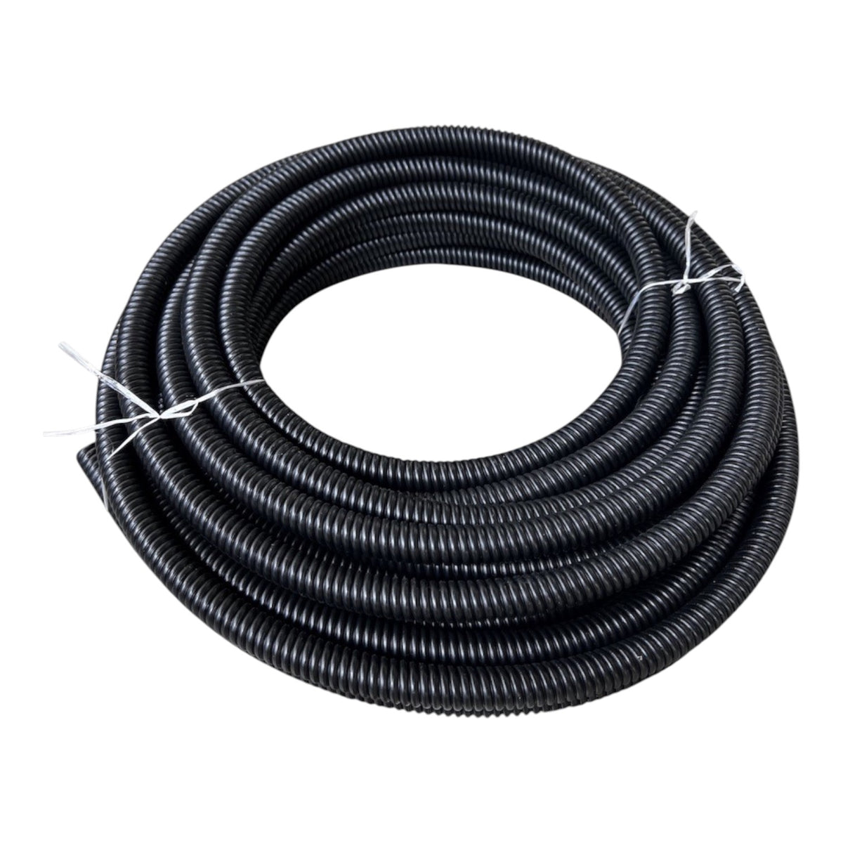 A coiled black corrugated plastic conduit or cable protective tube, secured with white ties, shown on a plain white background.