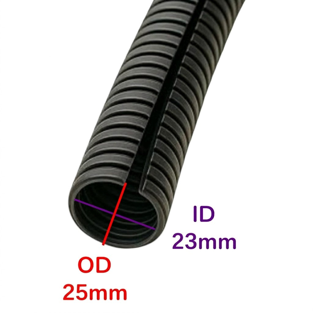 A close-up of a black corrugated cable protective sleeve showing its outer diameter (OD 25mm) and inner diameter (ID 23mm) with red and purple measurement lines on a white background.