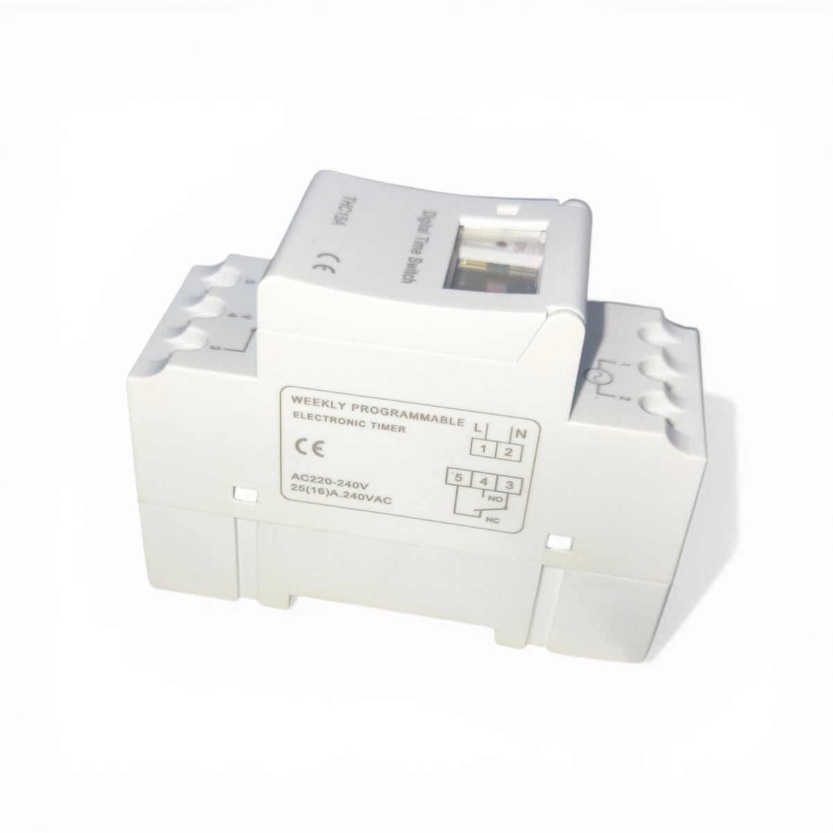 White electronic timer on a white background