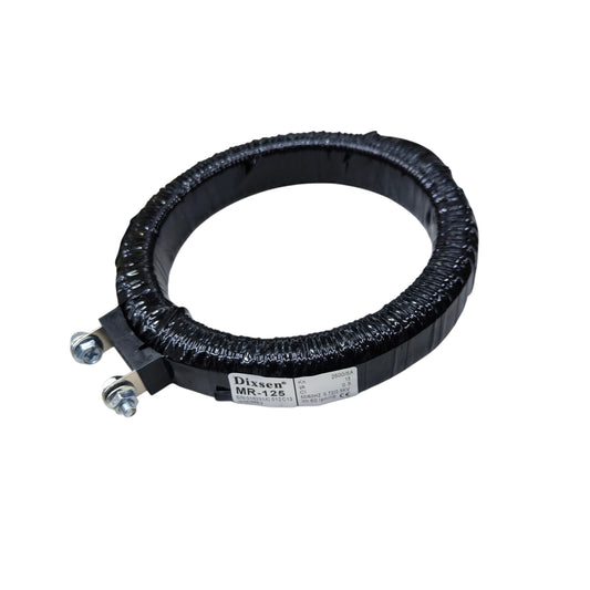 Black metal hose clamp on a white background Dixsen Current Transformer MR-125 2500:5A Donut Type Electx Electrical Supply