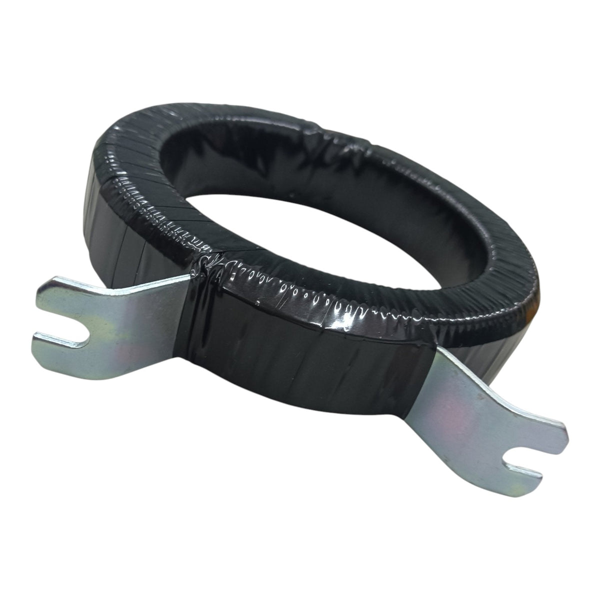A black insulated ring-shaped component with two silver metal tabs, shown on a plain white background.