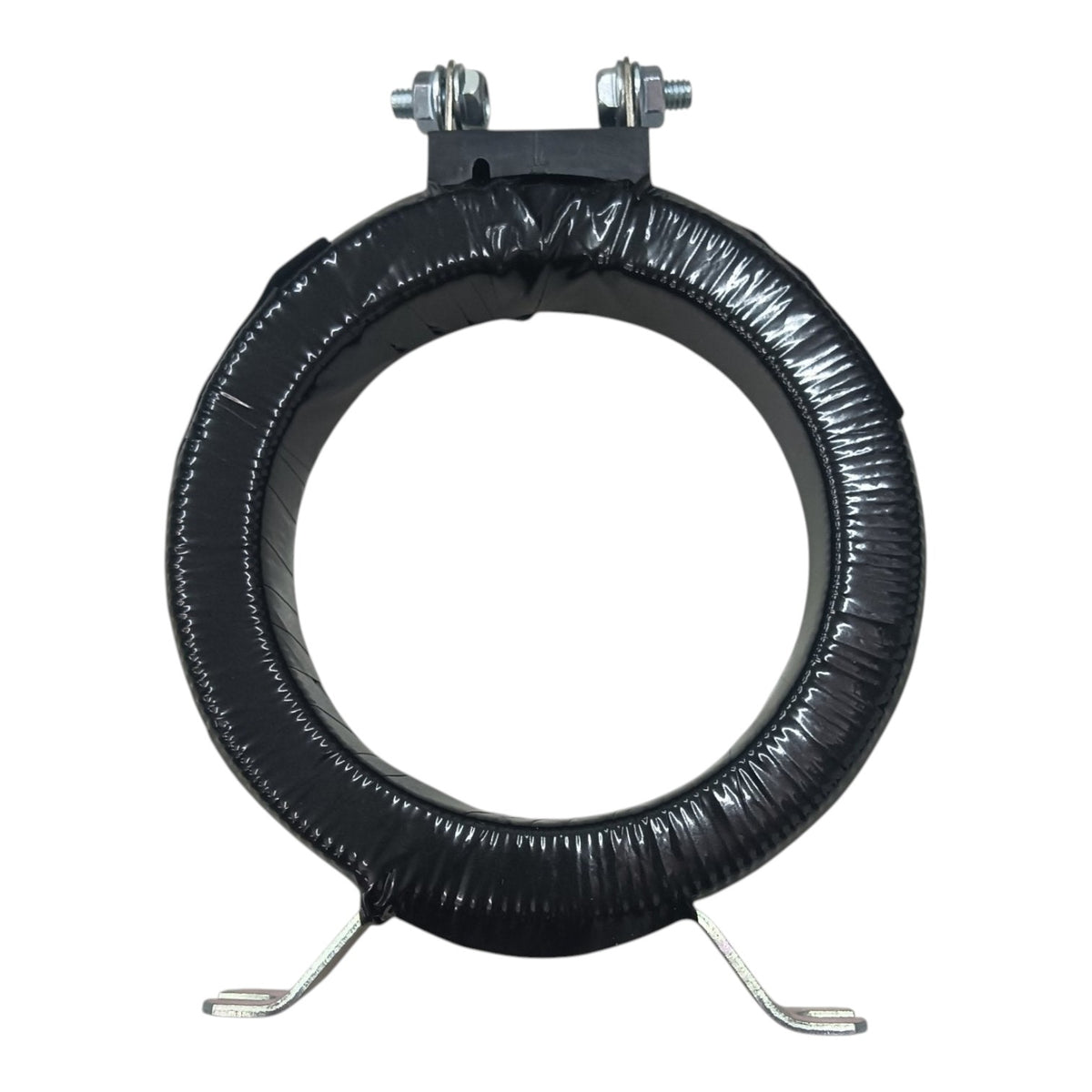 A black circular metal component with a textured, ribbed surface, featuring a mounting bracket at the top with two silver bolts and nuts, and two small silver metal feet at the bottom, shown against a plain white background.