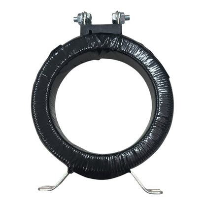 A black circular metal component with a textured, ribbed surface, featuring a mounting bracket at the top with two silver bolts and nuts, and two small silver metal feet at the bottom, shown against a plain white background.