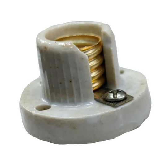 White E14 porcelain socket receptacle with brass threaded insert screw terminal and mounting holes for lighting