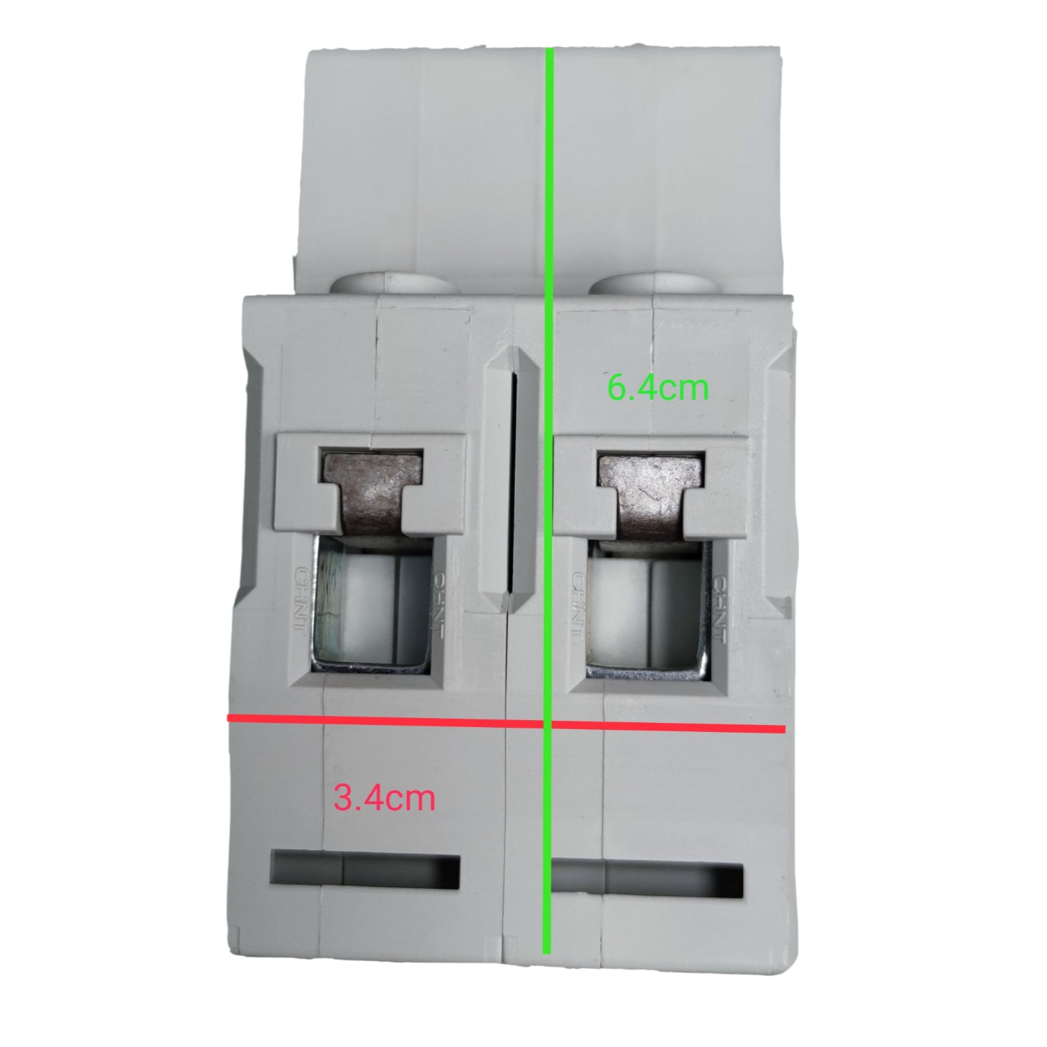 Electrical circuit breaker with measurements on a white background