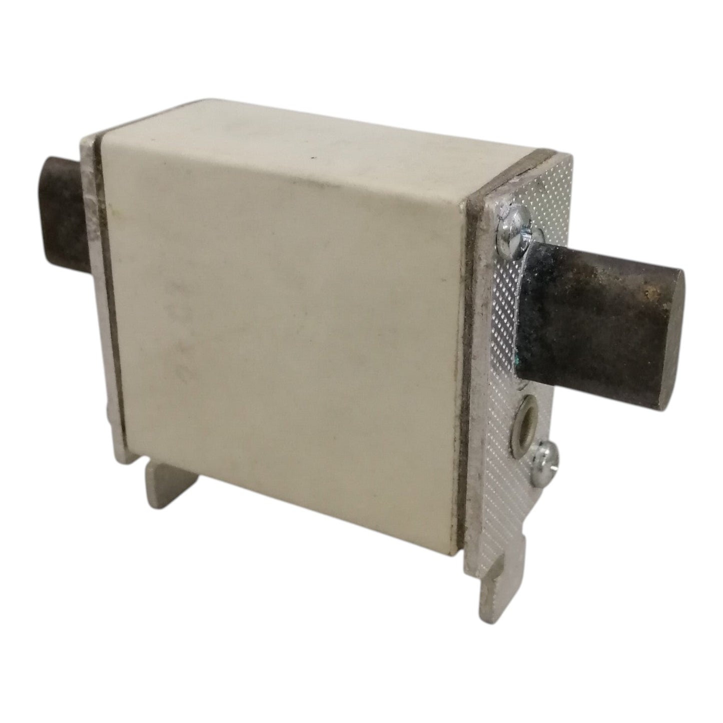 Metallic block with cylindrical ends on a white background
