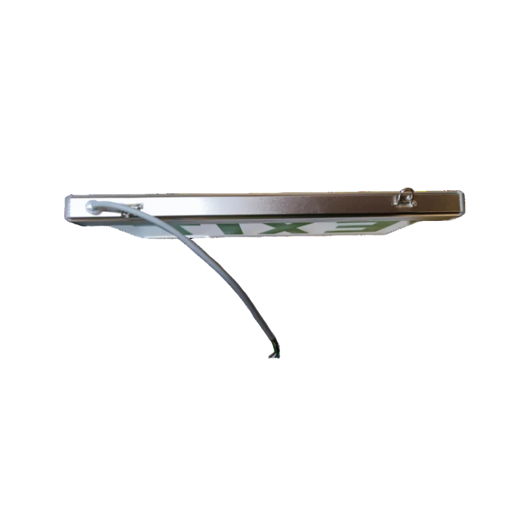 Denko EXIT Sign Acrylic Green 220V side view showing metal frame hanging eyelet and power cable on black background