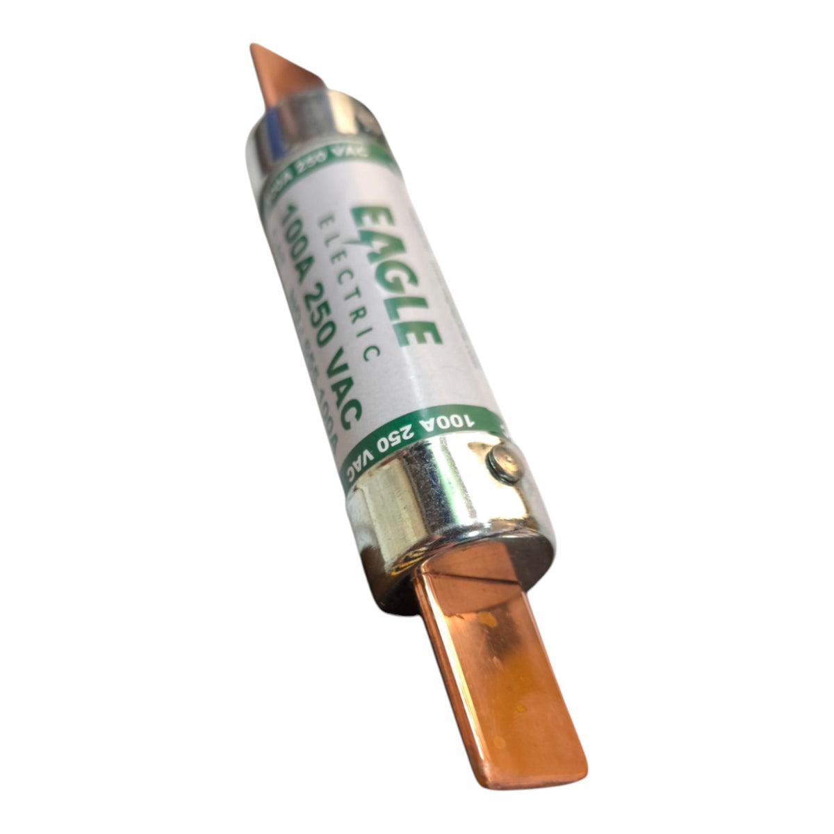 An Eagle Electric 100A 250 VAC fuse with a white label, green text, and copper-colored metal ends, shown on a plain white background.