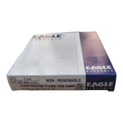 A box of Eagle Electric non-renewable cartridge fuses, 100 amp, 380-480 volt ac, 5 pieces quantity, shown on a white background.