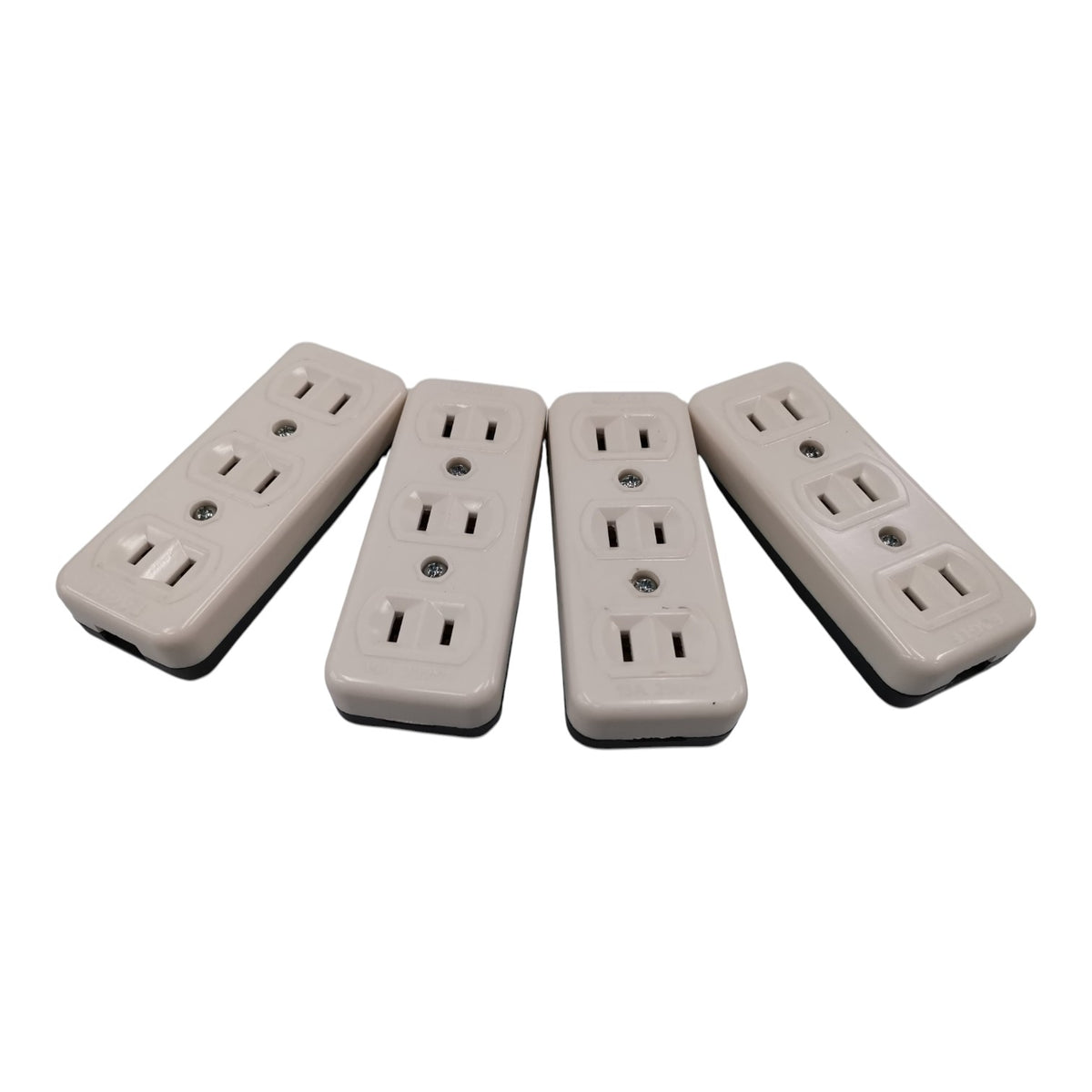 Four beige plastic 3-outlet power strips arranged in a fan shape on a plain white background.