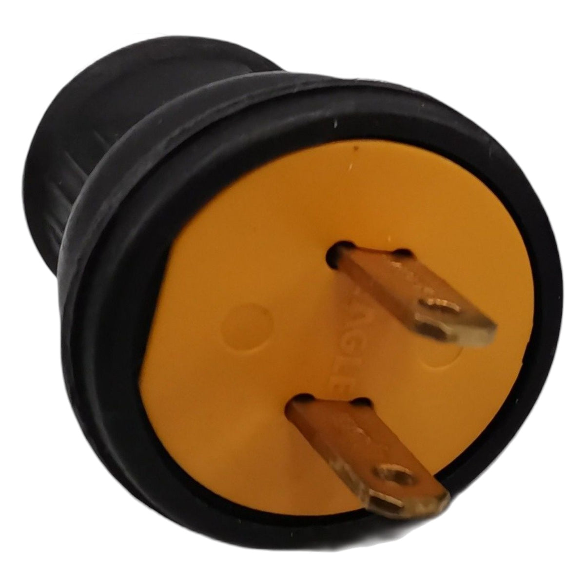 A black electrical outlet adapter plug with two gold-toned metal prongs on a white background.