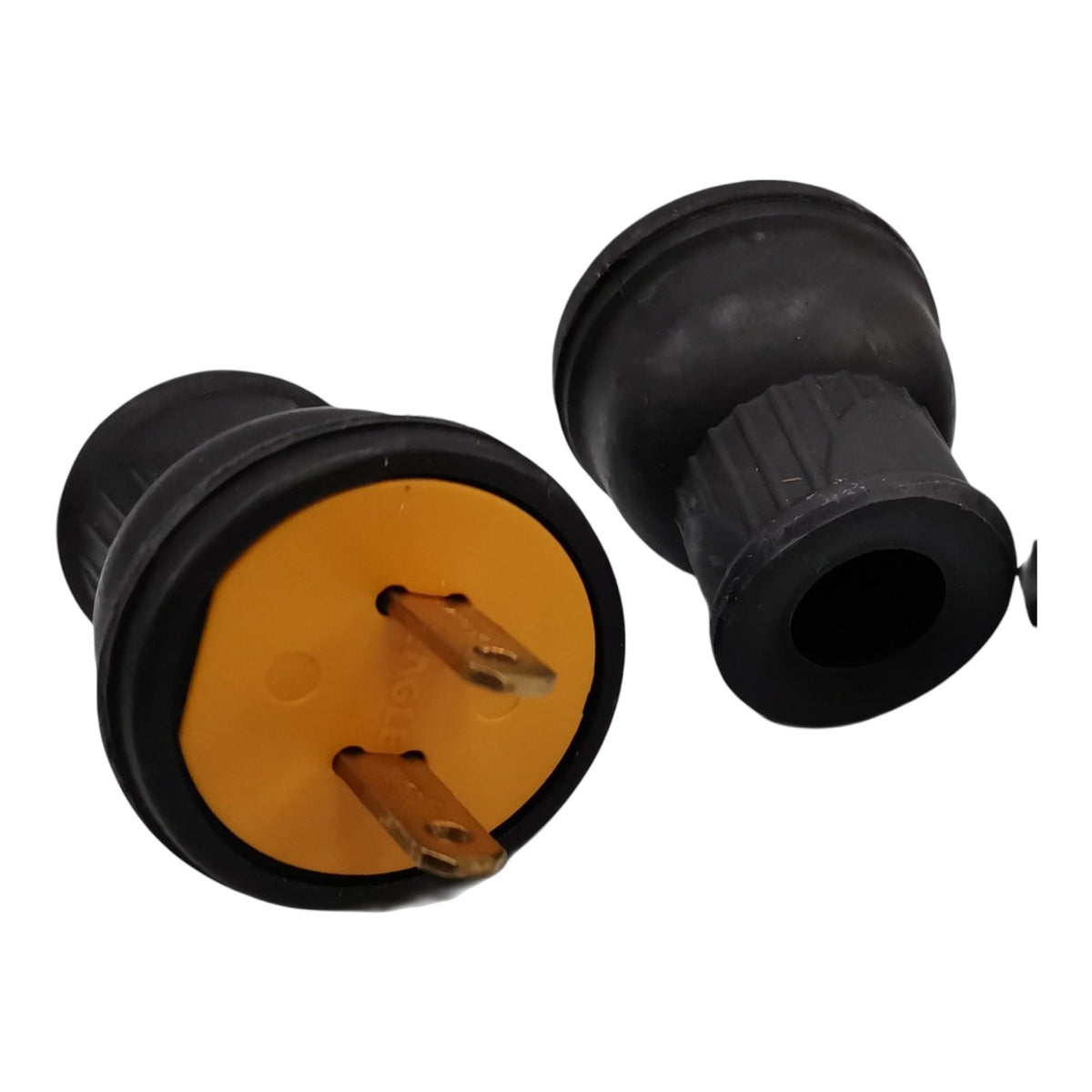 Two black electrical plug adapters with orange-yellow internal plates and metal pins, shown on a plain white background.