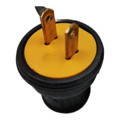 A black electrical outlet plug with a yellow grounding tab and brass-colored metal prongs, shown on a plain white background.