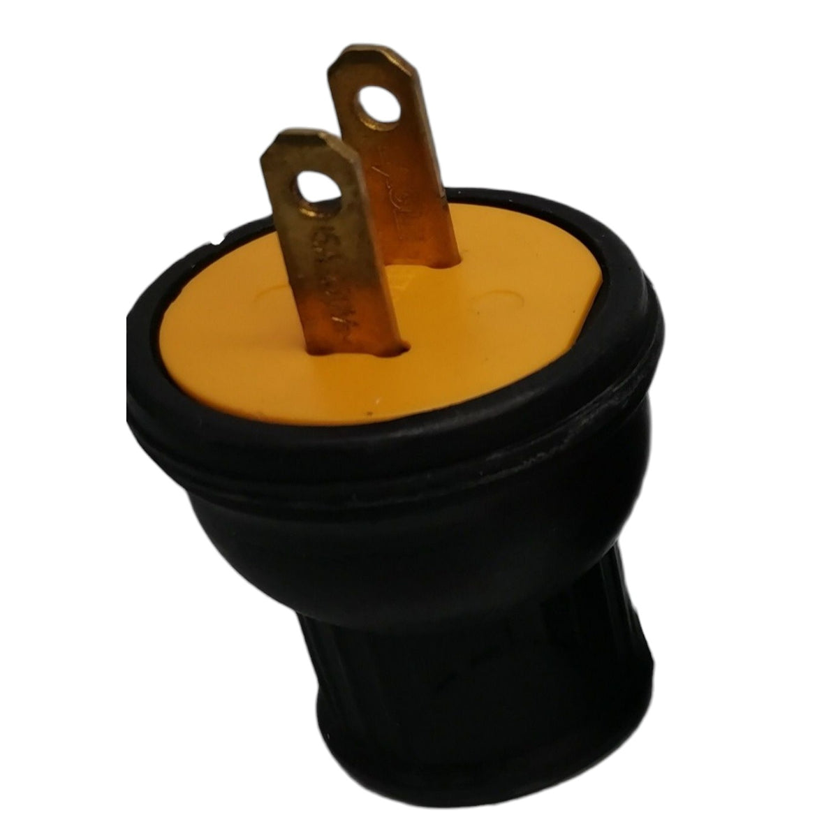 A black electrical outlet plug adapter with a yellow top cover and two gold-toned metal prongs, shown on a plain white background.