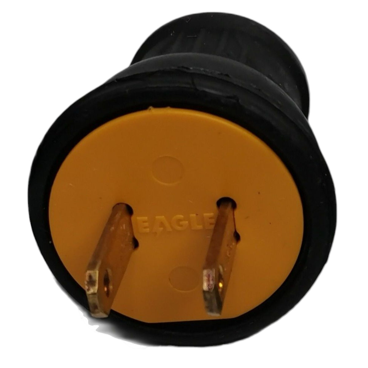 An Eagle electrical plug with a black rubber body, a yellow-orange plastic base, and two brass pins, shown against a plain white background.