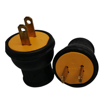 Two black and yellow Eagle electrical plug adapters on a white background, showing both front and back views.