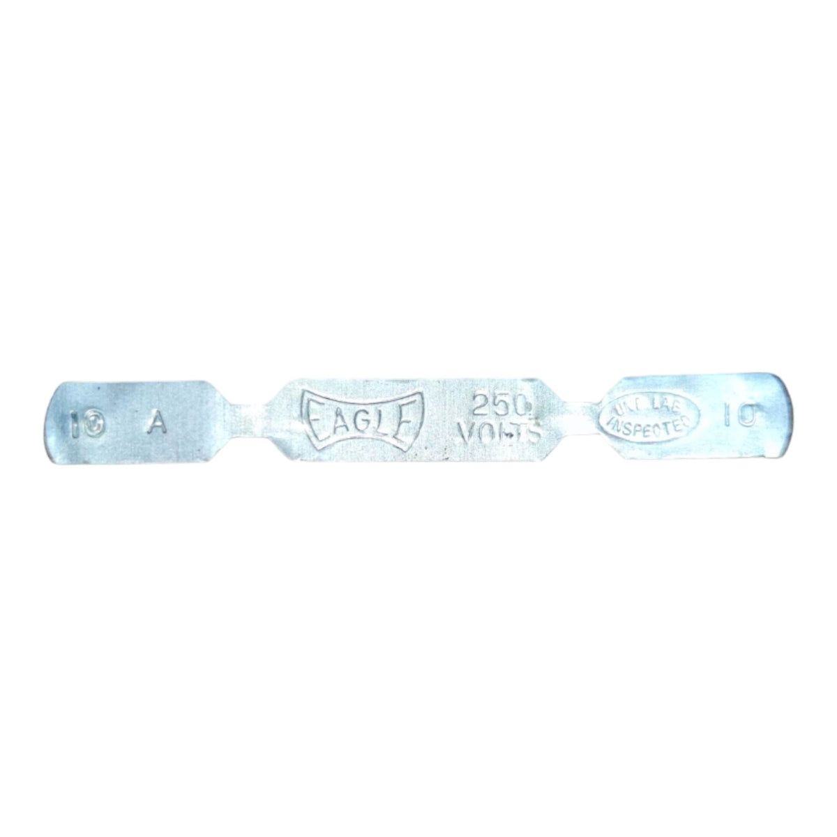 A silver metal electrical test strip, specifically an Eagle 250 V/OLTS 15A 10C test strip, shown horizontally against a plain white background.