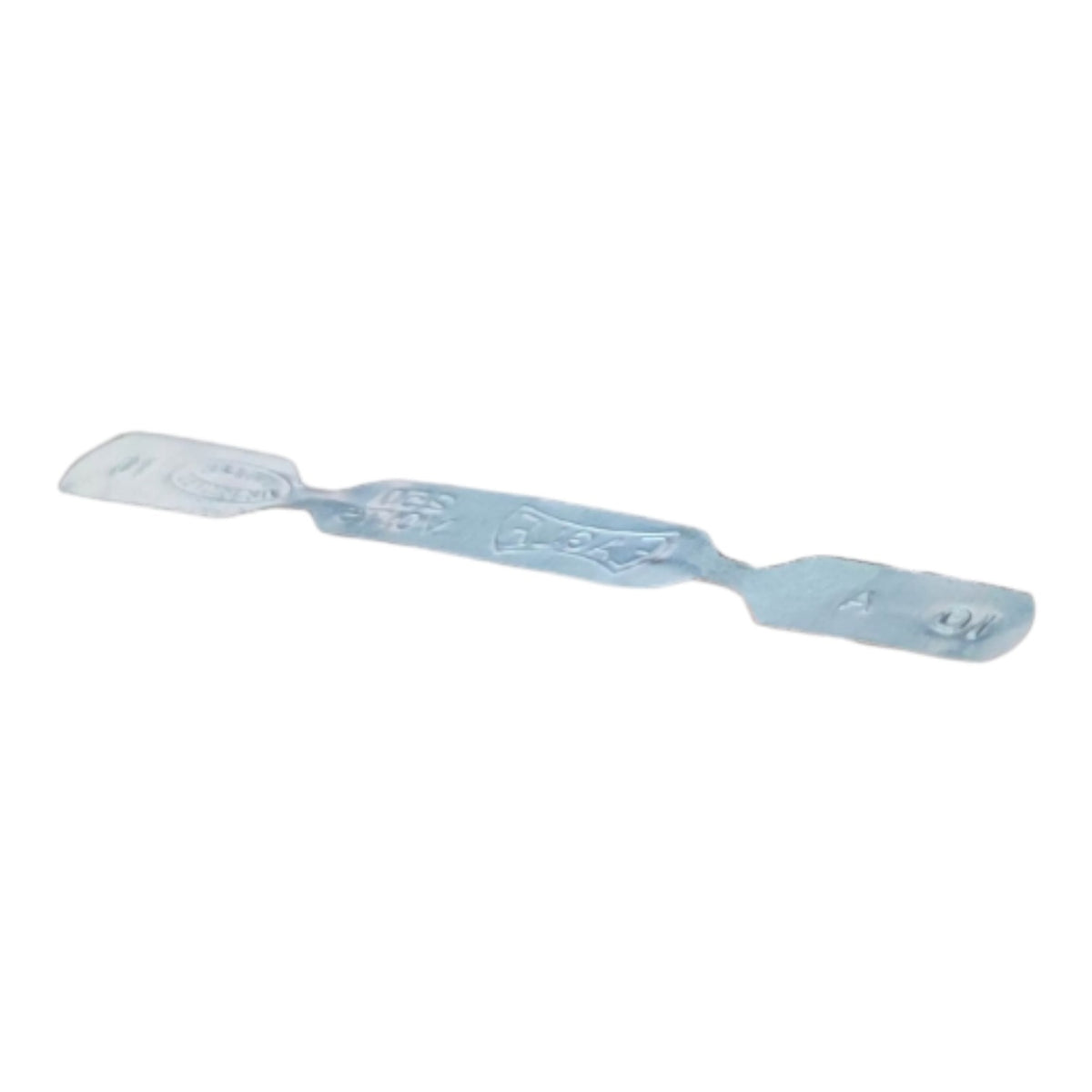A translucent light blue plastic spreader or scraper tool with a flat blade on one end and a textured handle on the other, shown against a plain white background.