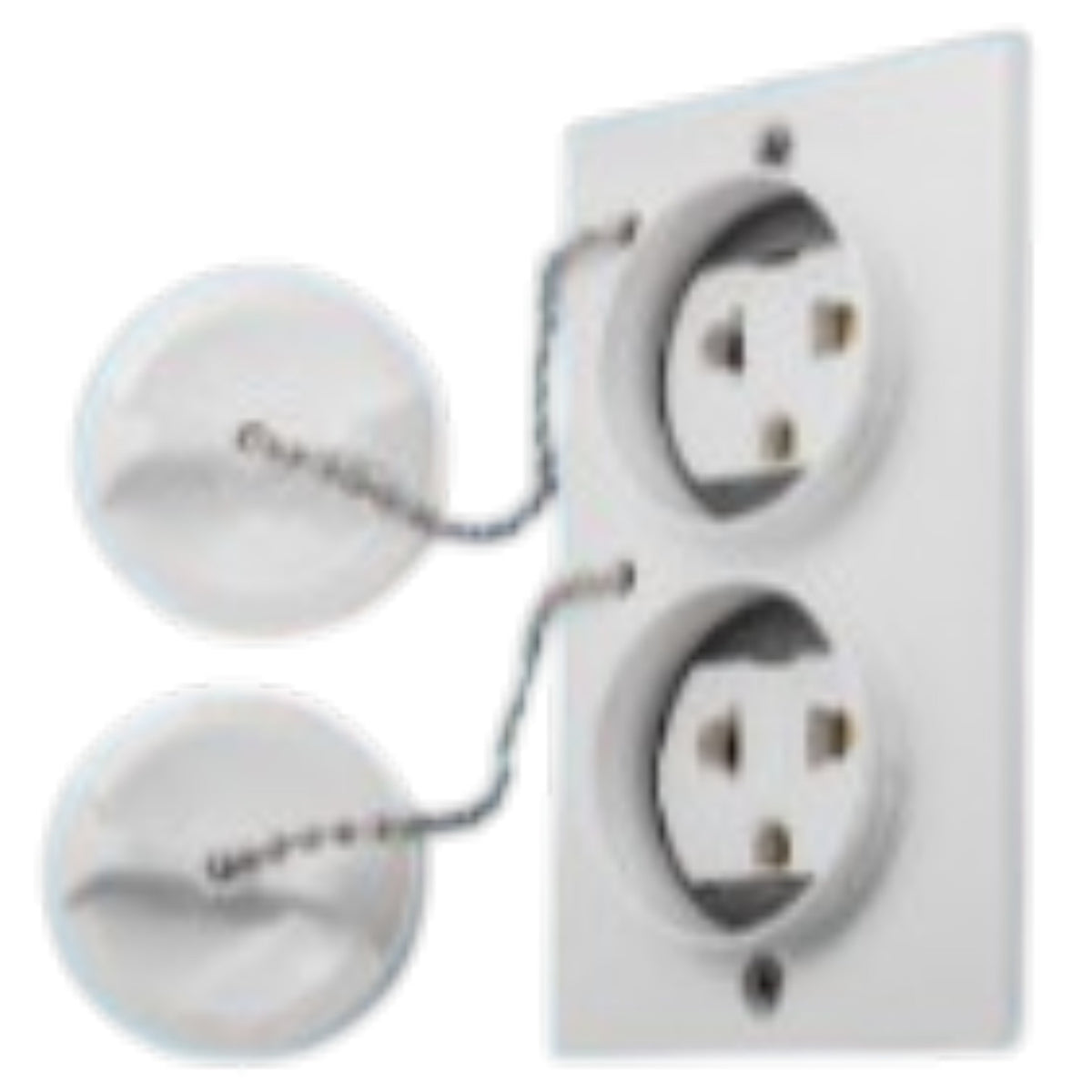 White double outlet electrical wall plate with two round white child-safety covers connected by short metal chains, shown on a plain white background.