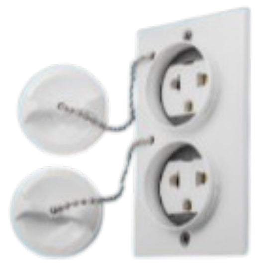 White double outlet electrical wall plate with two round white child-safety covers connected by short metal chains, shown on a plain white background.