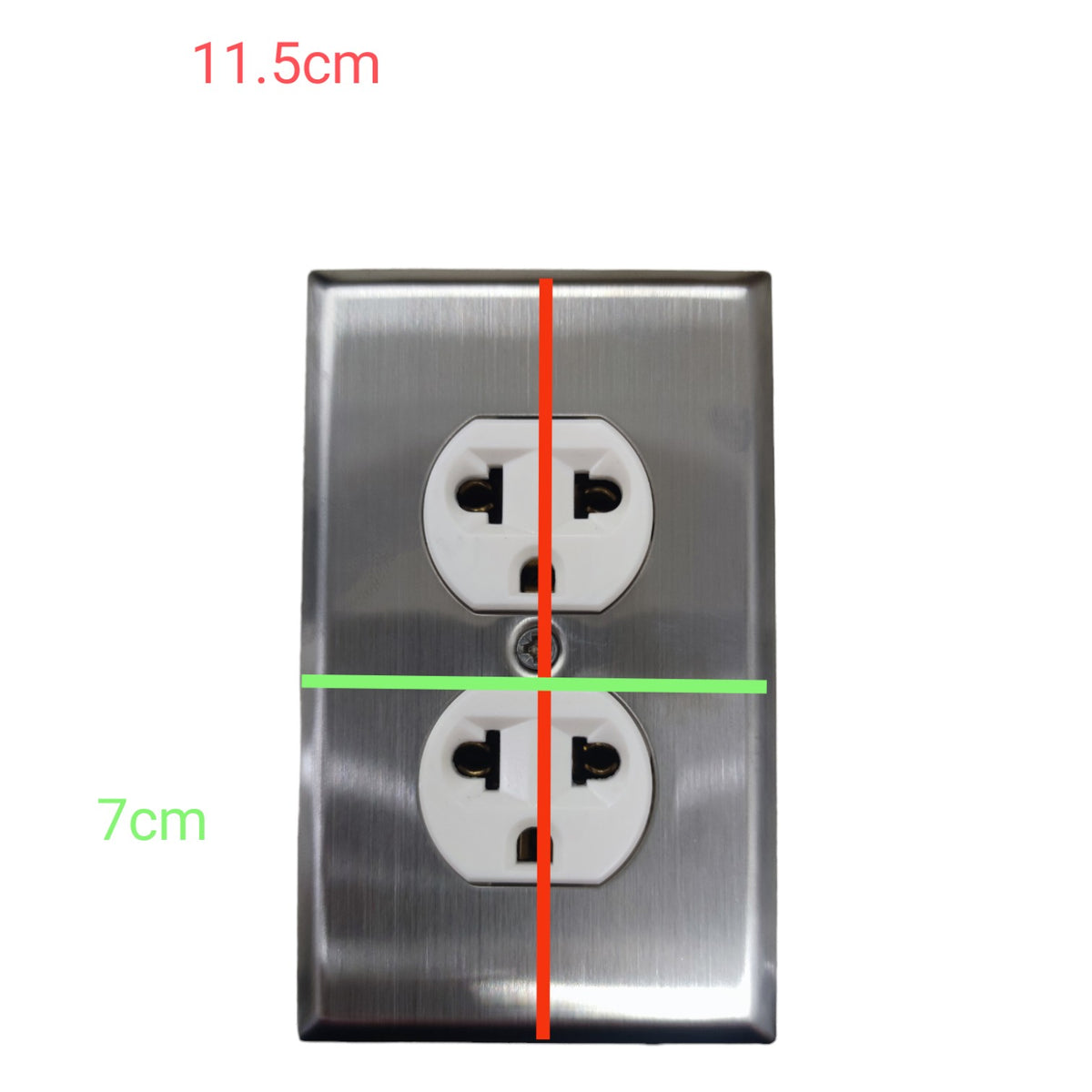 A stainless steel double electrical outlet shown on a white background with red and green measurement lines and text indicating dimensions 11.5cm and 7cm.