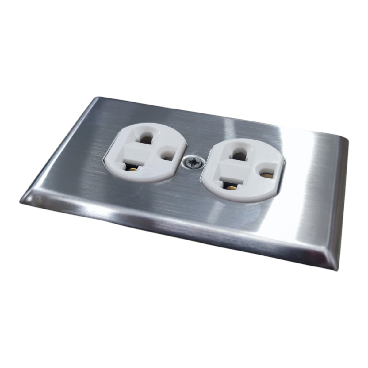 A brushed stainless steel double outlet cover plate with white electrical sockets, shown on a plain white background.