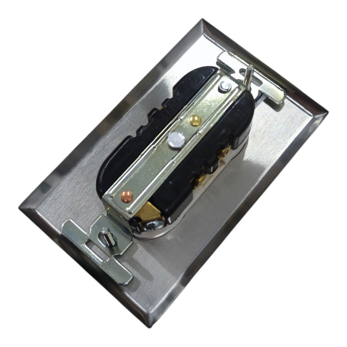 A stainless steel electrical outlet plate with a black and silver metal switch assembly, isolated on a white background.