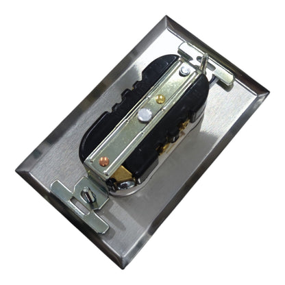 A stainless steel electrical outlet plate with a black and silver metal switch assembly, isolated on a white background.