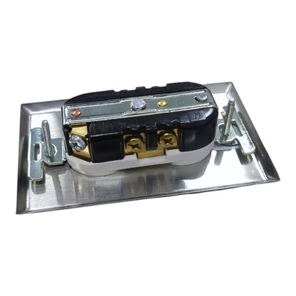 A metal electrical outlet base plate with a black and white socket and brass screw terminals, shown on a plain white background.