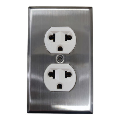A brushed stainless steel double outlet electrical wall plate with white sockets, shown against a plain white background.