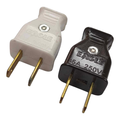 Two Eagle brand 16A 250V two-pin electrical plug adapters on a white background, one in off-white and one in black.