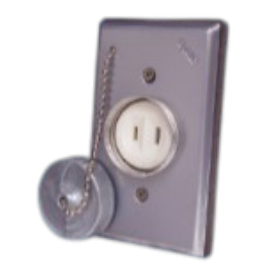 A gray metal electrical outlet cover plate with a pull chain and a matching gray protective cap, shown against a white background.
