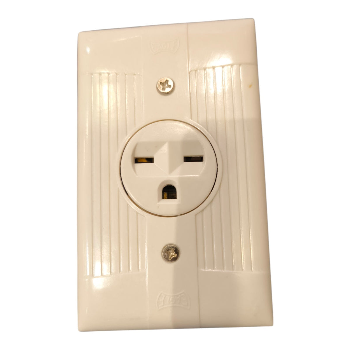 A white plastic US outlet electrical wall socket with two screws for mounting, shown against a plain white background.